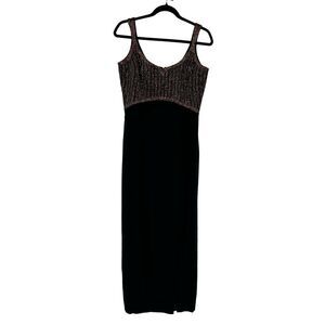 Vintage 90s BlackTie Oleg Cassini Brown Beaded Sleeveless Full Length Maxi Dress